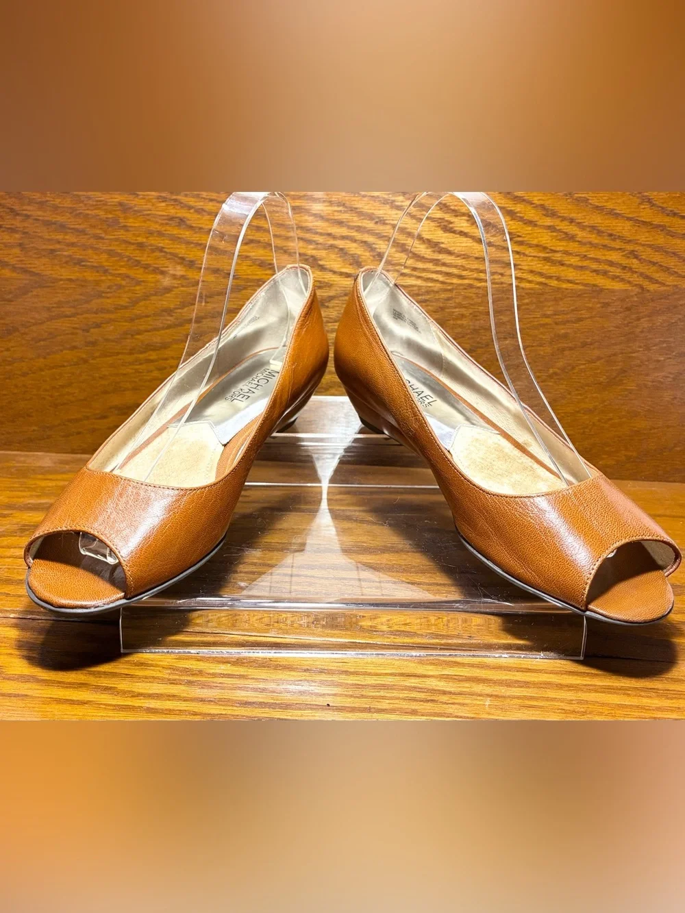 Michael Kors Peep Toe Wedge Pumps Cognac Brown Leather Size 8